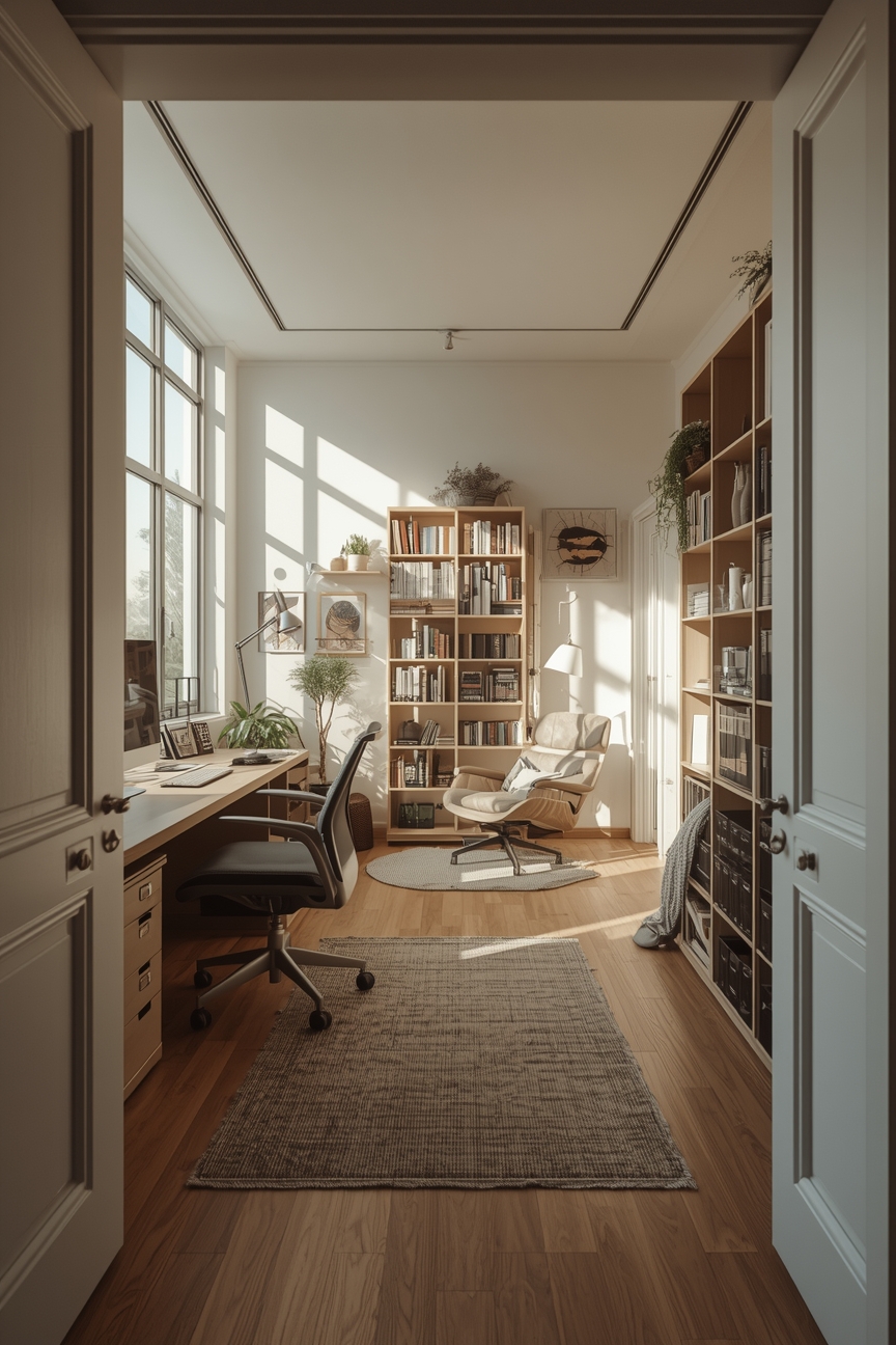 Hell und aufgeraeumt: Arbeitszimmer mit klaren Zonen