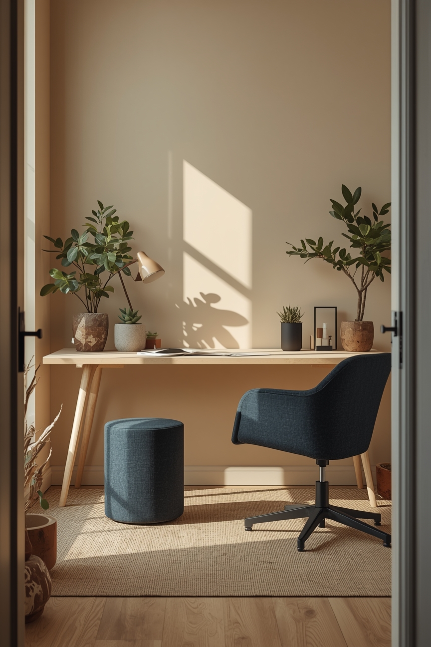 Homeoffice mit beiger Wand, hellem Schreibtisch und Pflanzen