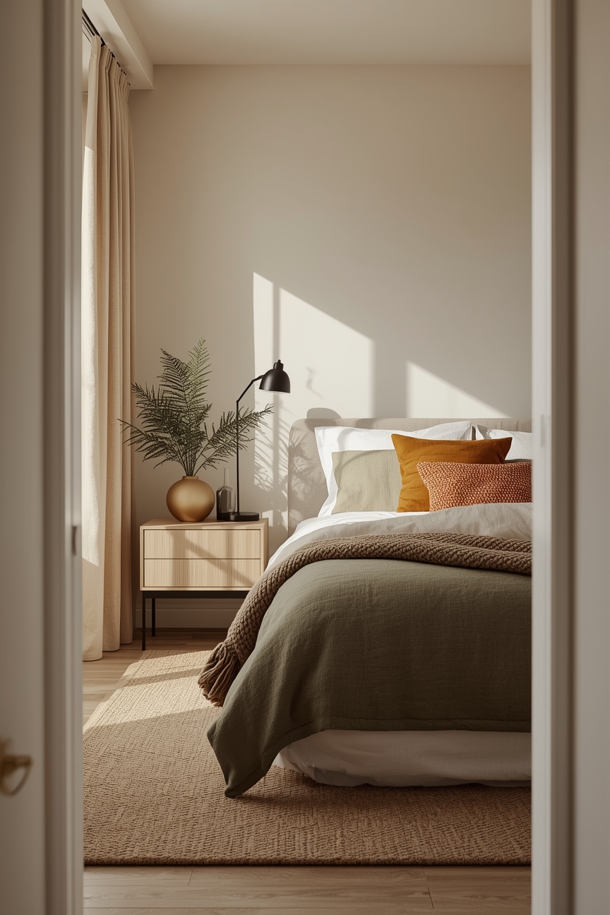 Beiges Schlafzimmer mit olivgruener Bettwaesche