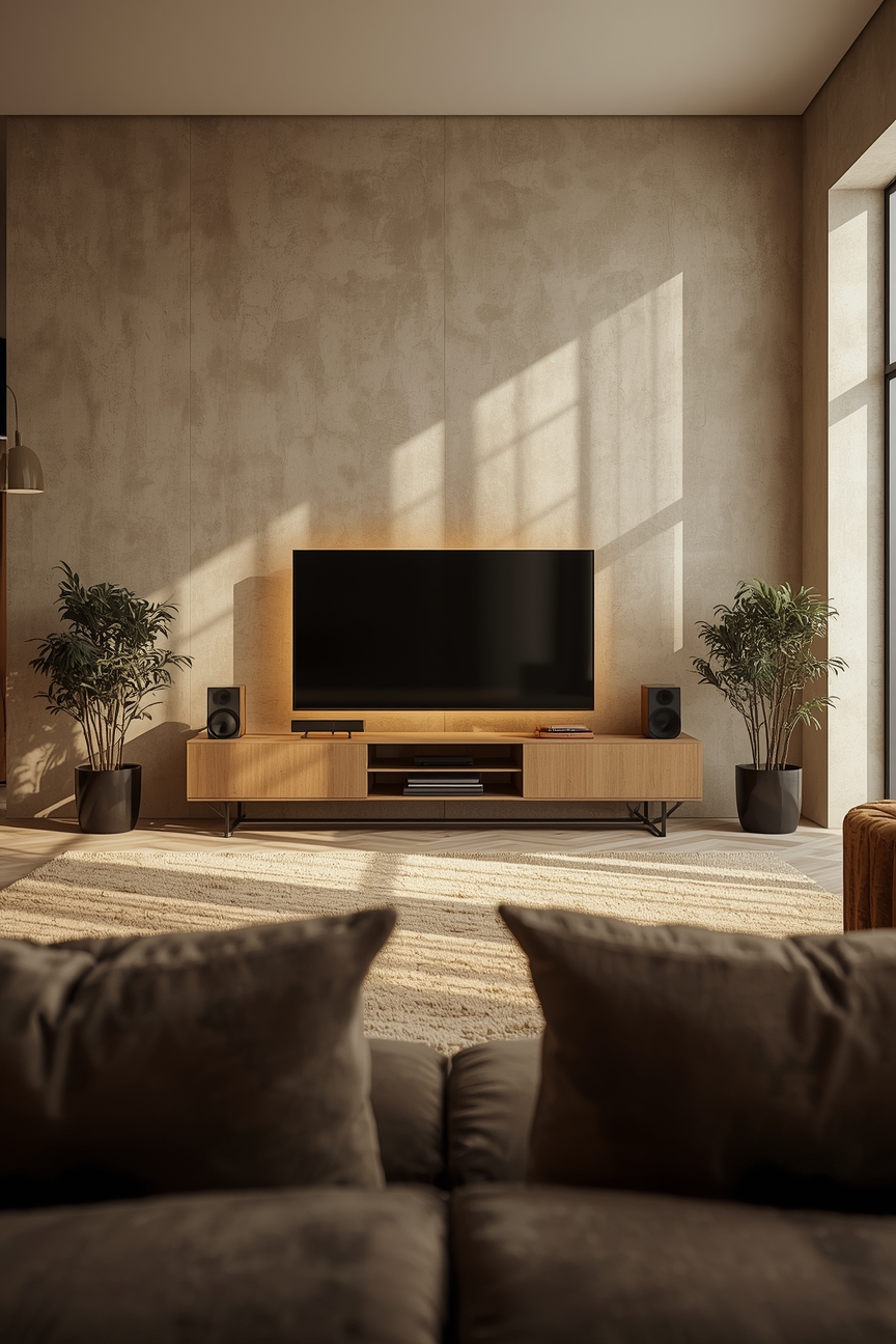 Beige Wand mit schwarzem Medienboard und TV