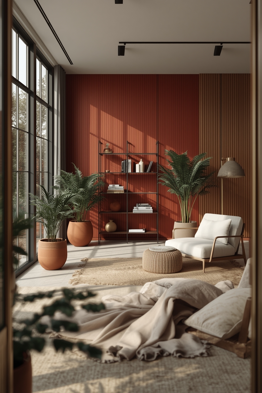 Heller Wintergarten mit bordeauxroter Akzentwand