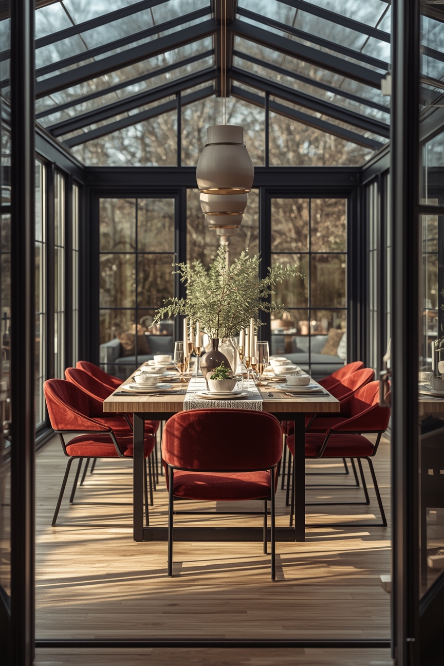 Bordeauxrote Essgruppe im sonnendurchfluteten Wintergarten
