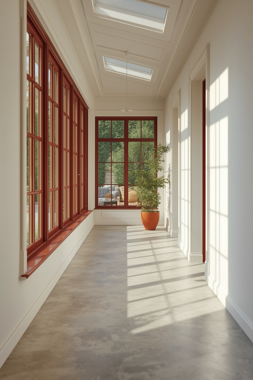 Wintergarten mit bordeauxroten Fensterrahmen