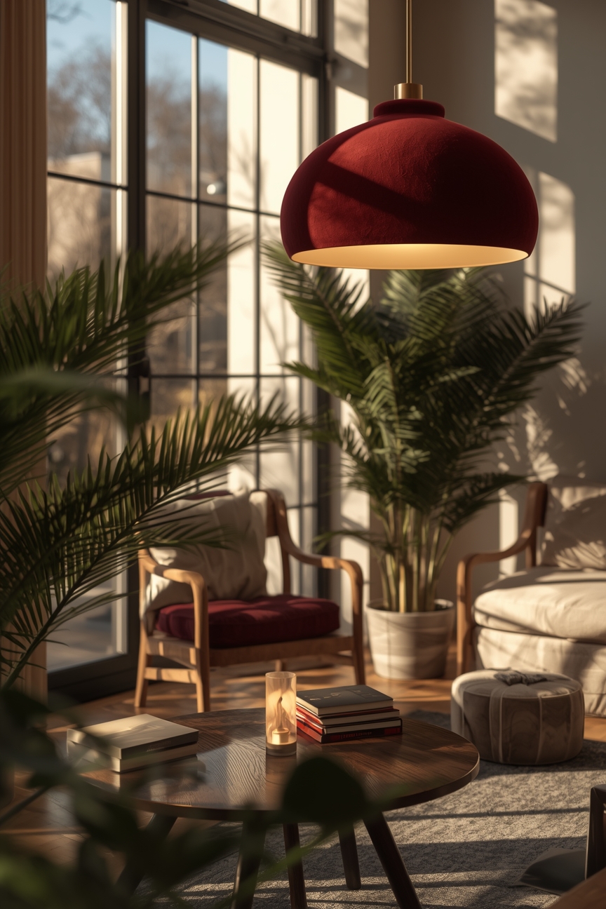 Heller Wintergarten mit bordeauxroten Lampenschirmen