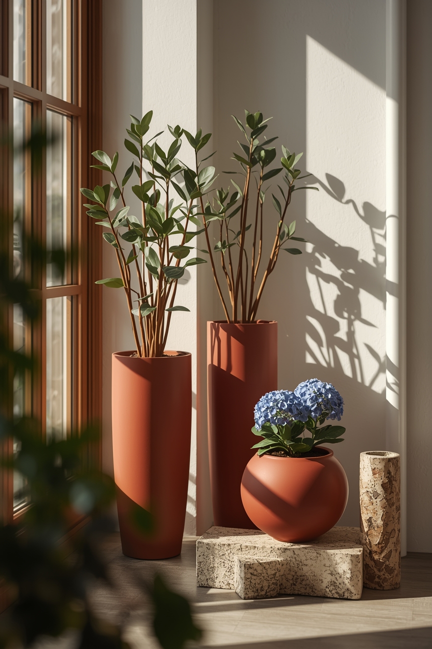 Bordeauxrote Uebertoepfe im sonnenlicht Wintergarten