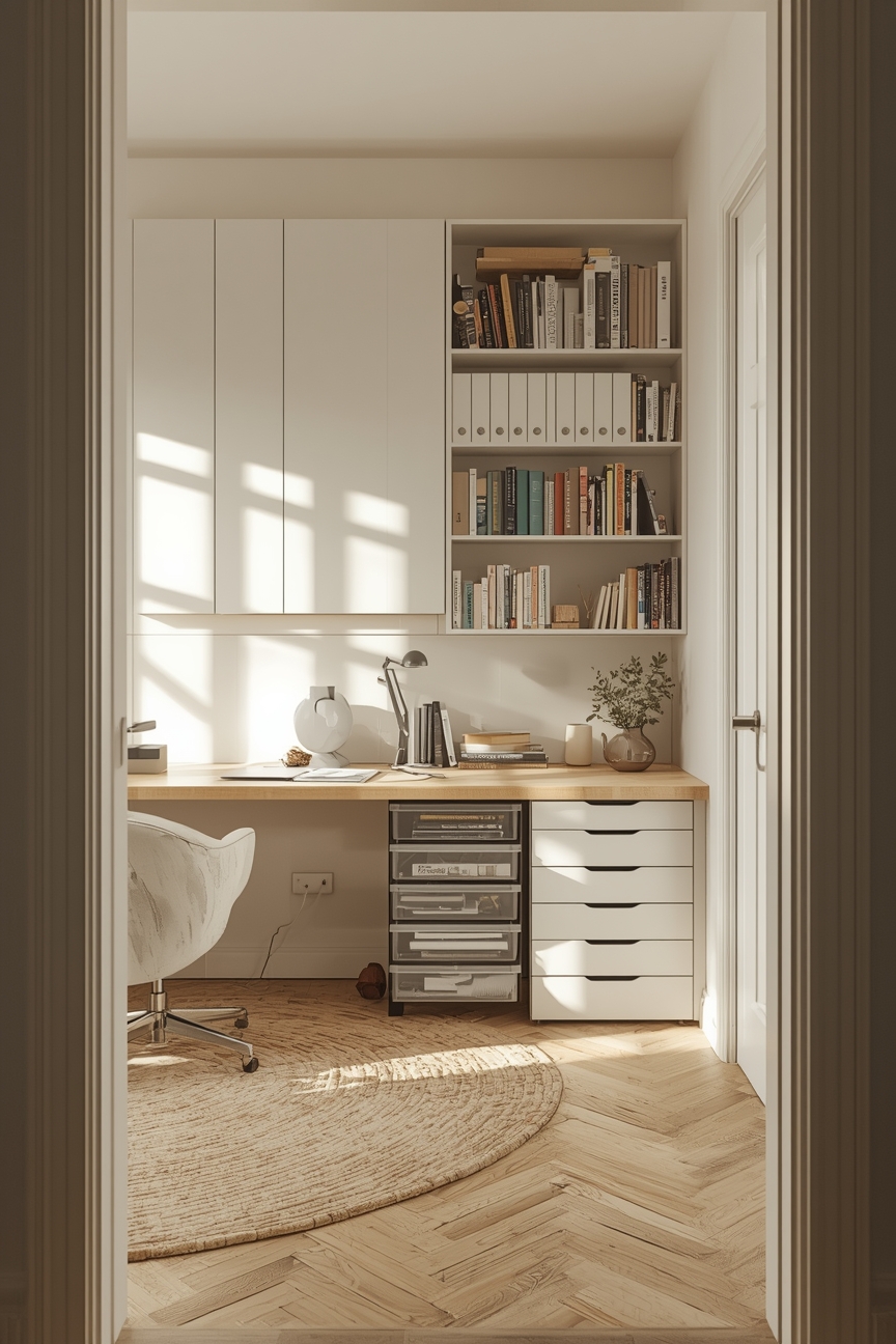 Aufgeräumtes Arbeitszimmer mit Regalen und Schubladen