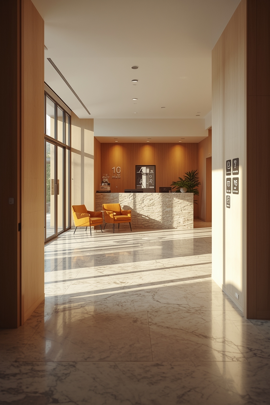 Heller, einladender Eingangsbereich mit Rezeption