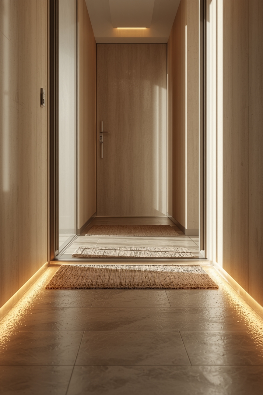 Heller Eingangsbereich mit rutschfester Matte und LED