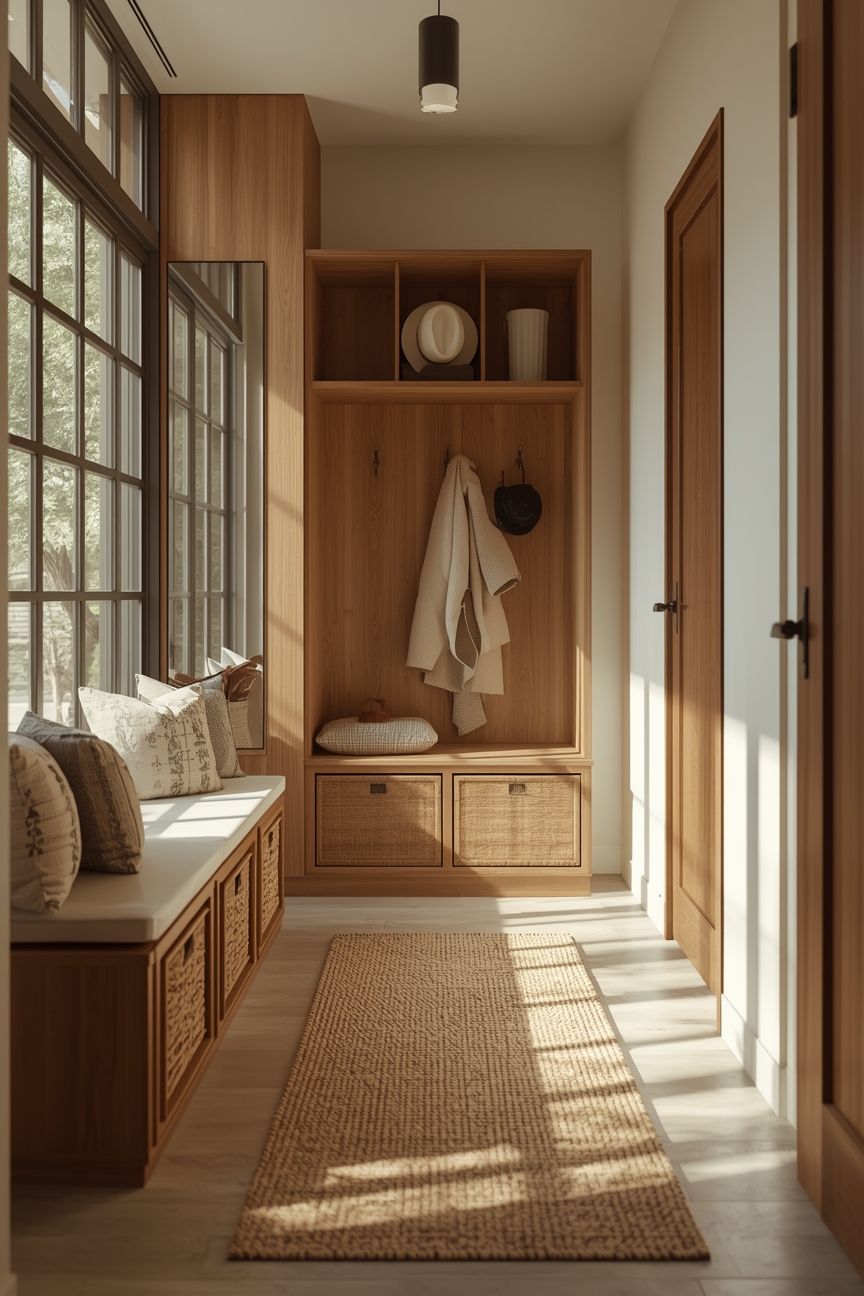 Heller Eingangsbereich mit Sitzbank und Garderobe