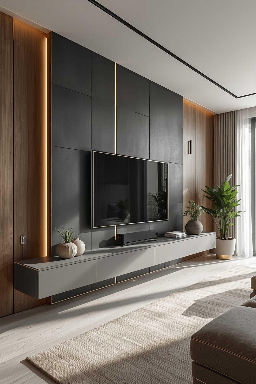 Elegante TV-Wand mit integriertem Media-Board