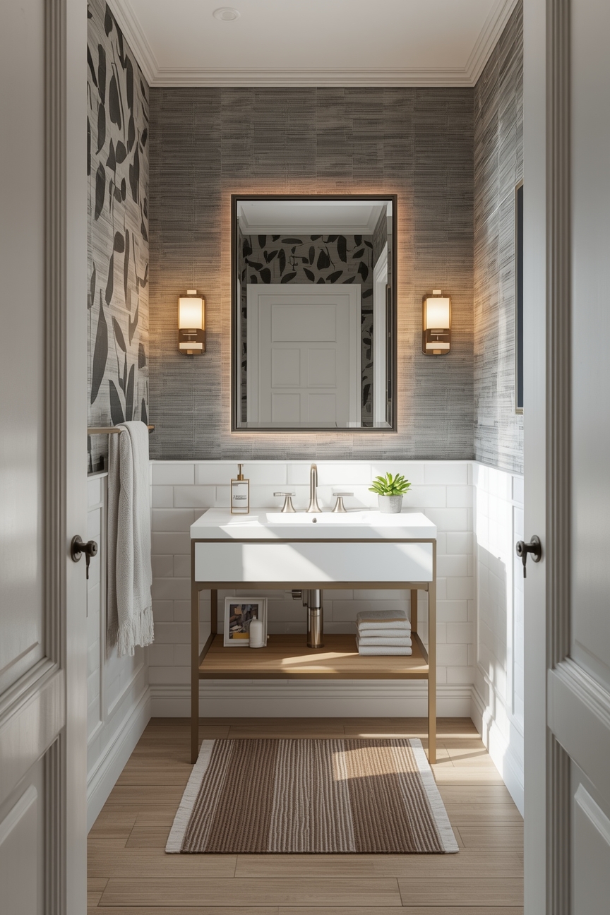 Helles Gäste-WC mit Statement-Tapete und großem Spiegel