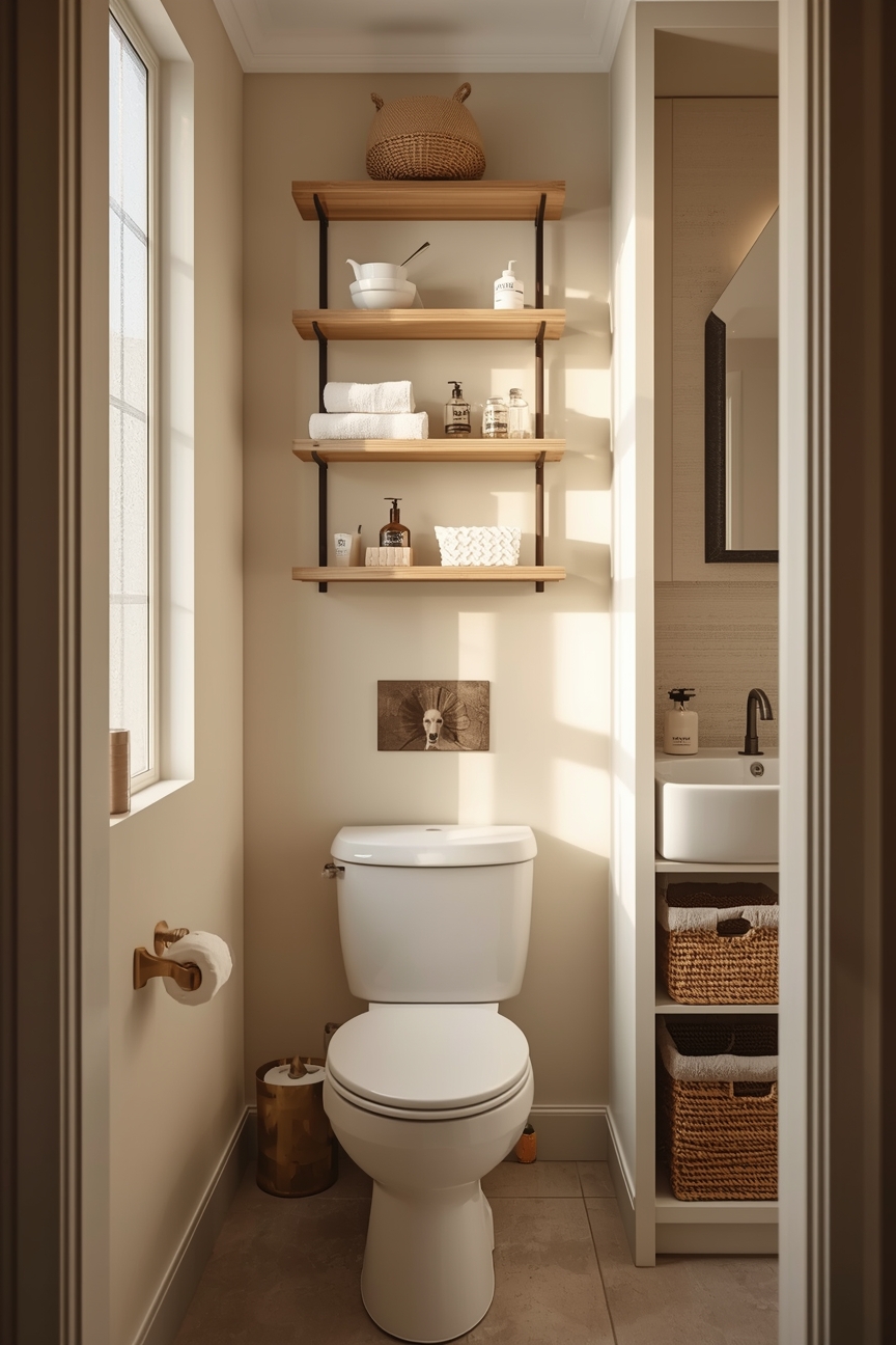 Gäste-WC mit offenen Regalen und Rattan-Körben