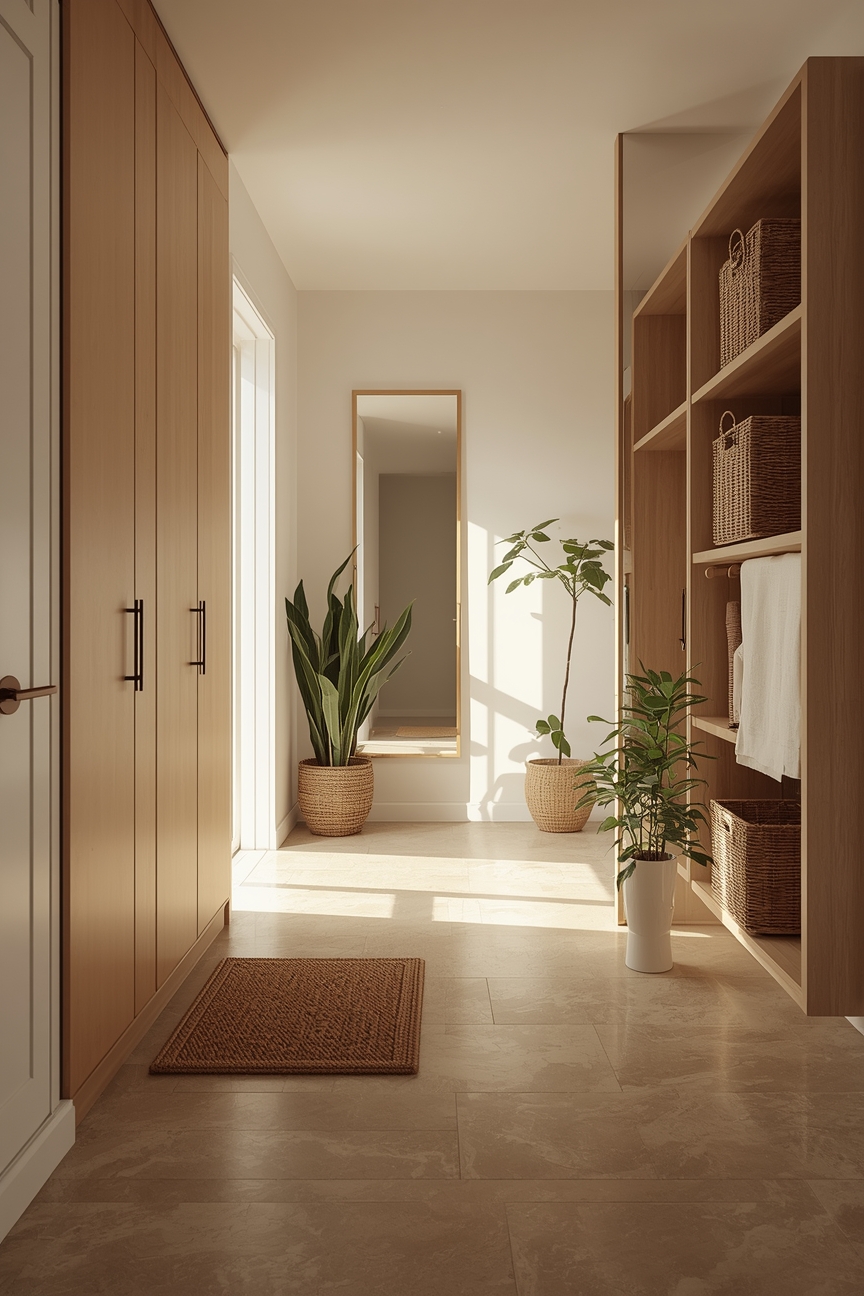Heller Eingangsbereich mit Stauraum und Pflanzen