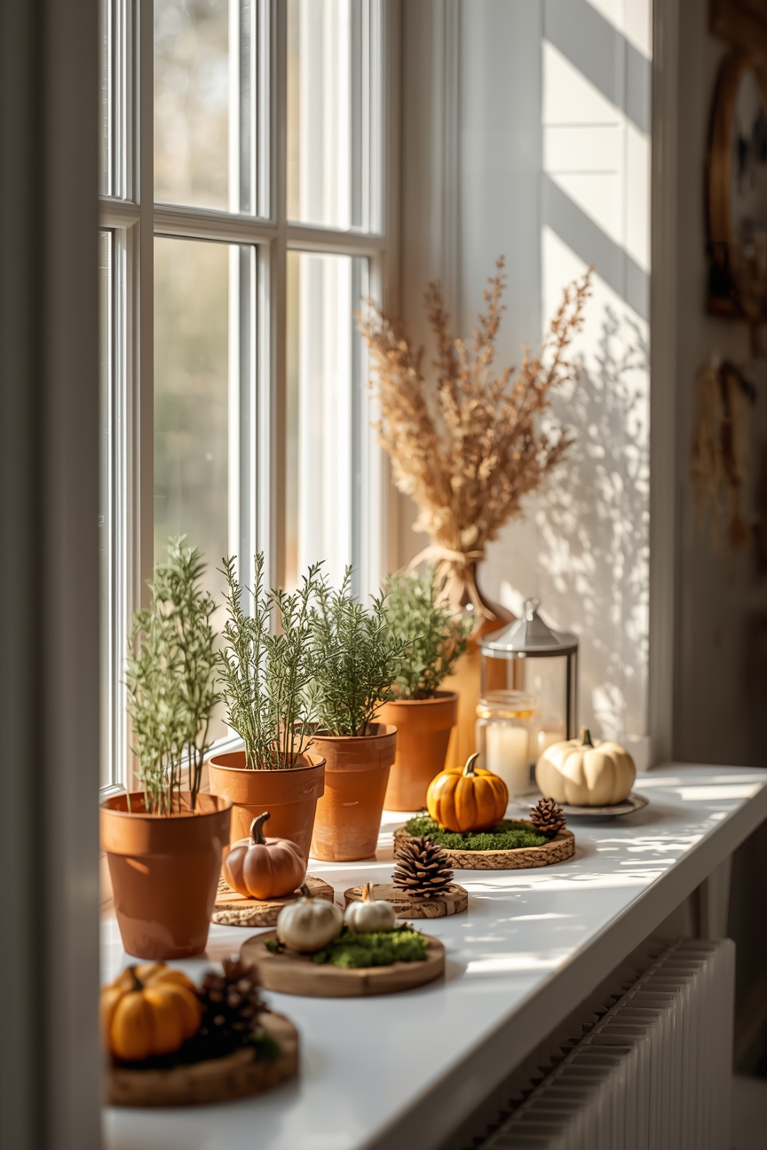 Helle, herbstliche Kuechenfensterbank mit Kraeutern