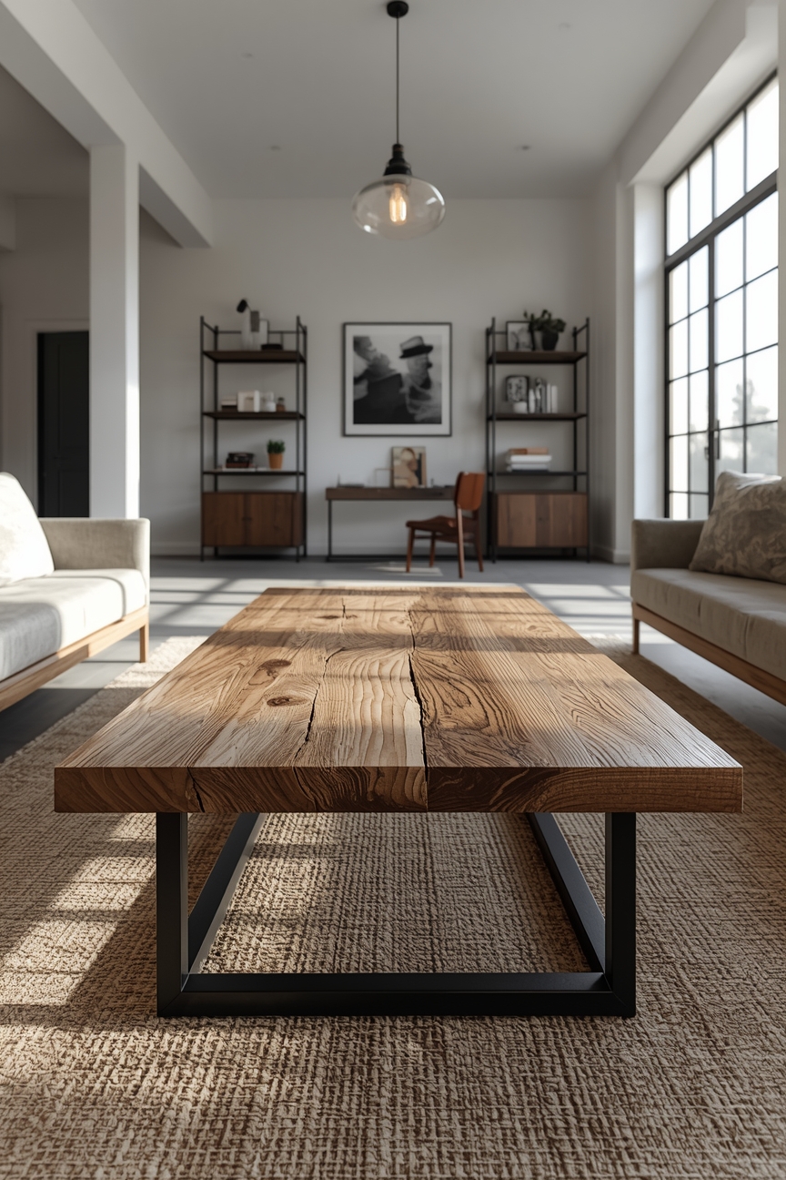 Industrial Wohnzimmer mit recyceltem Rohholz-Couchtisch