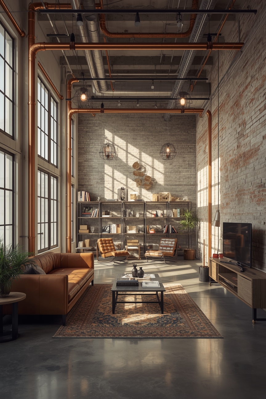 Industrial Wohnzimmer mit sichtbaren Rohrleitungen