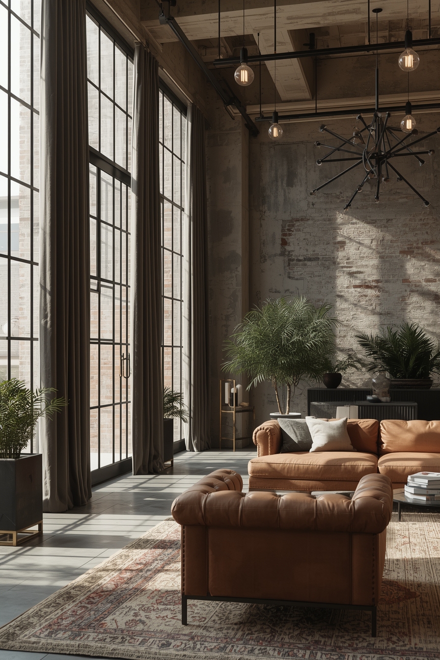 Loft mit Fabrikfenstern und schweren Samtgardinen