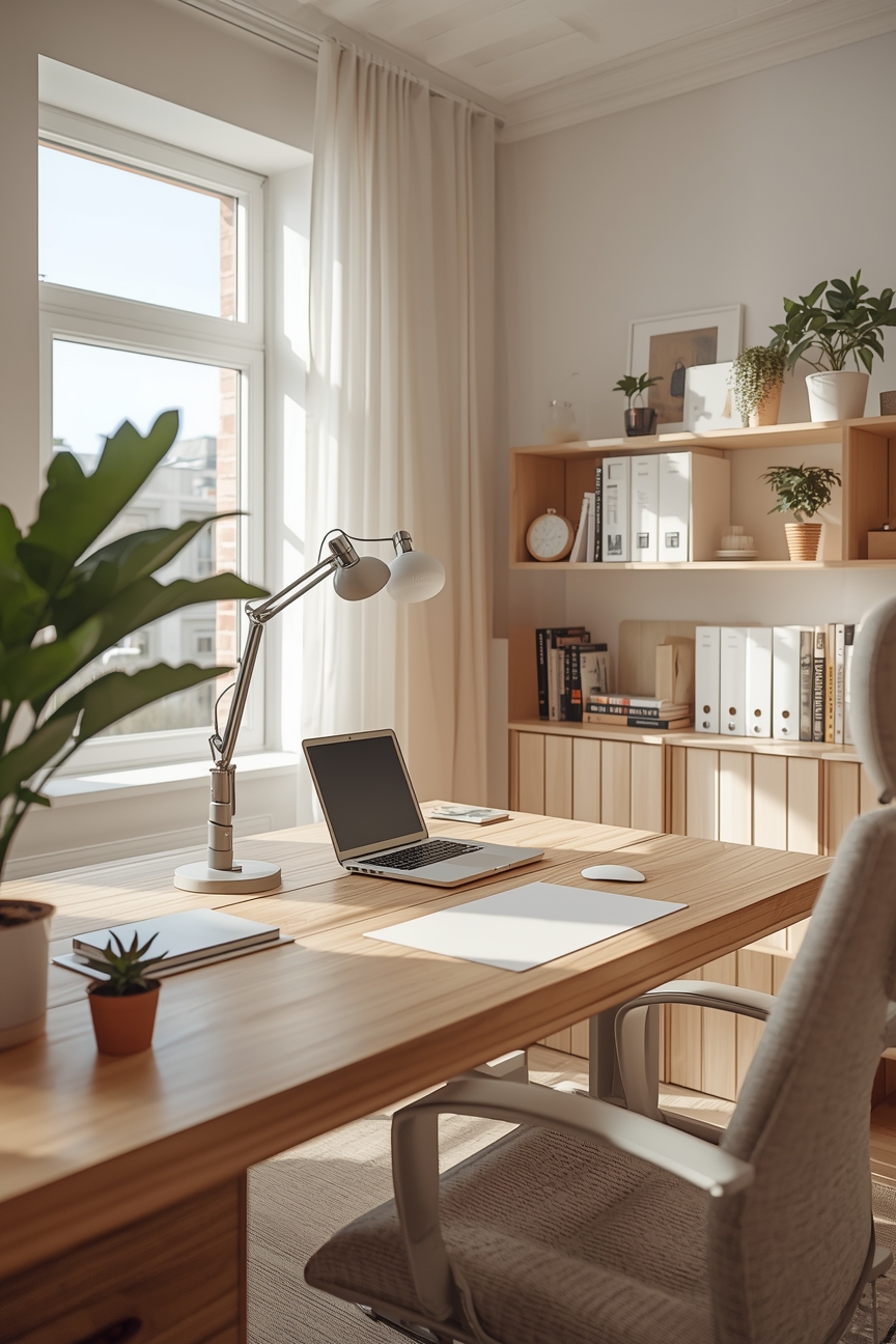 Heller minimalistischer Schreibtisch im Arbeitszimmer