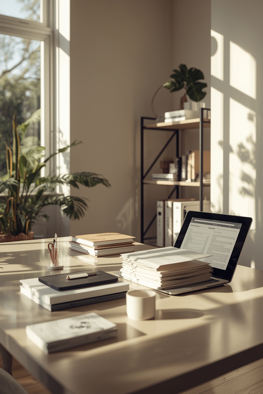 Helles papierloses Arbeitszimmer mit Scanner und Laptop