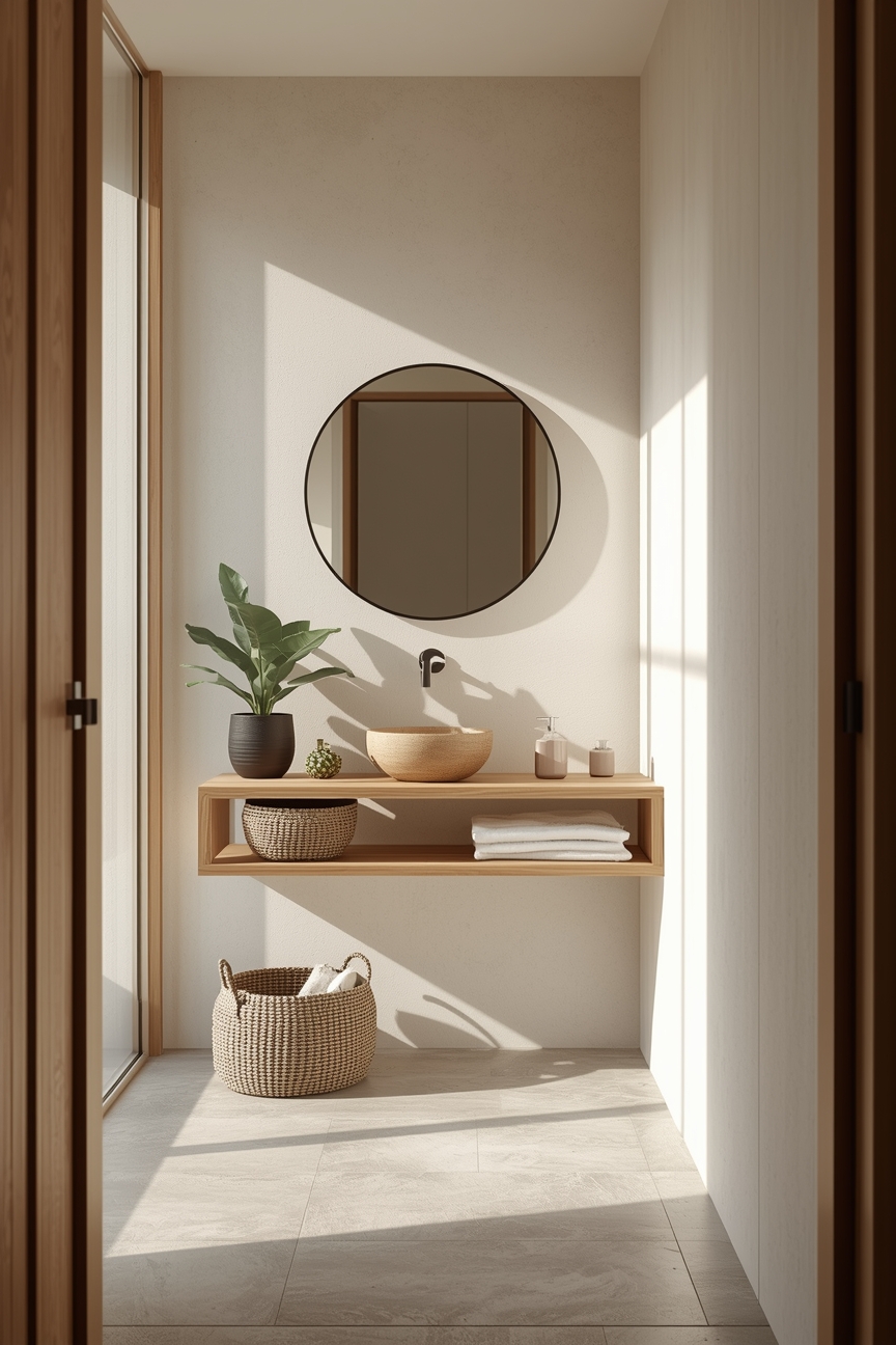 Helles Scandi Gaeste-WC mit Holzregal und Monstera