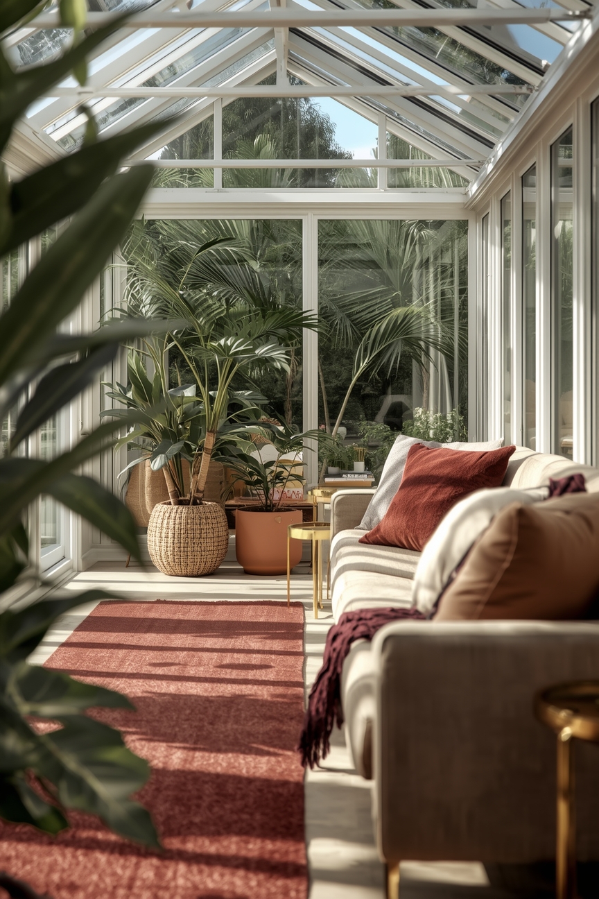 Heller Wintergarten mit bordeauxrotem Teppich