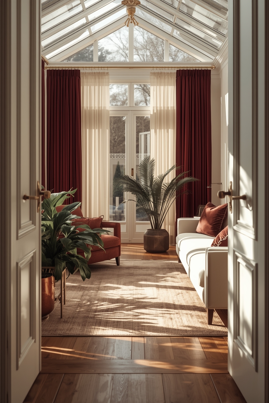 Wintergarten mit bordeauxroten Vorhängen und Pflanzen