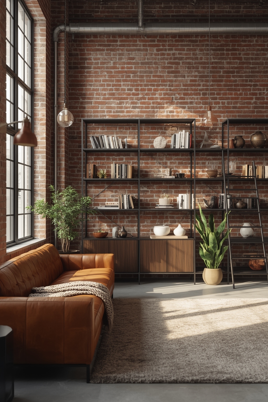 Industrial-Wohnzimmer mit Backsteinwand und Metallregalen