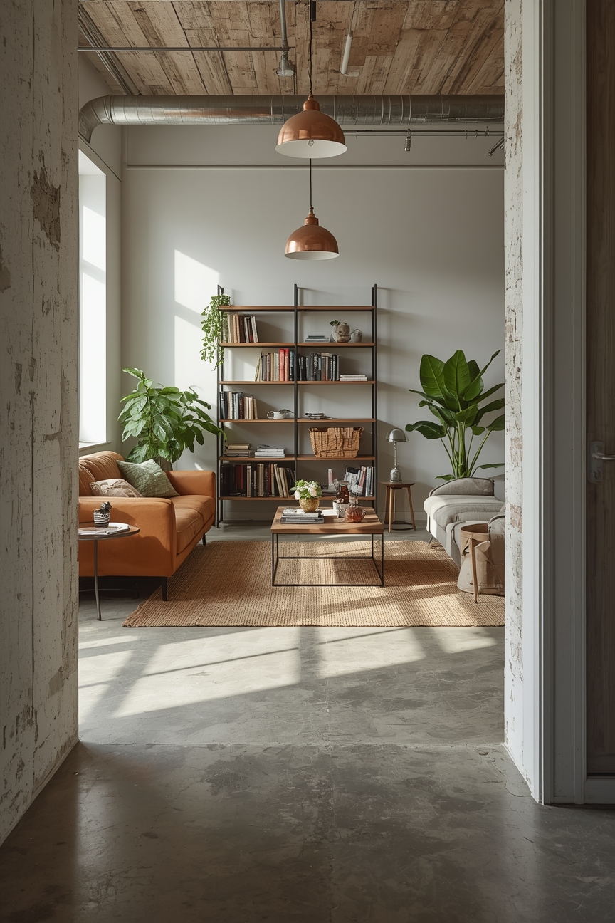 Helles Industrial-Wohnzimmer mit Betonboden und Retro-Teppich