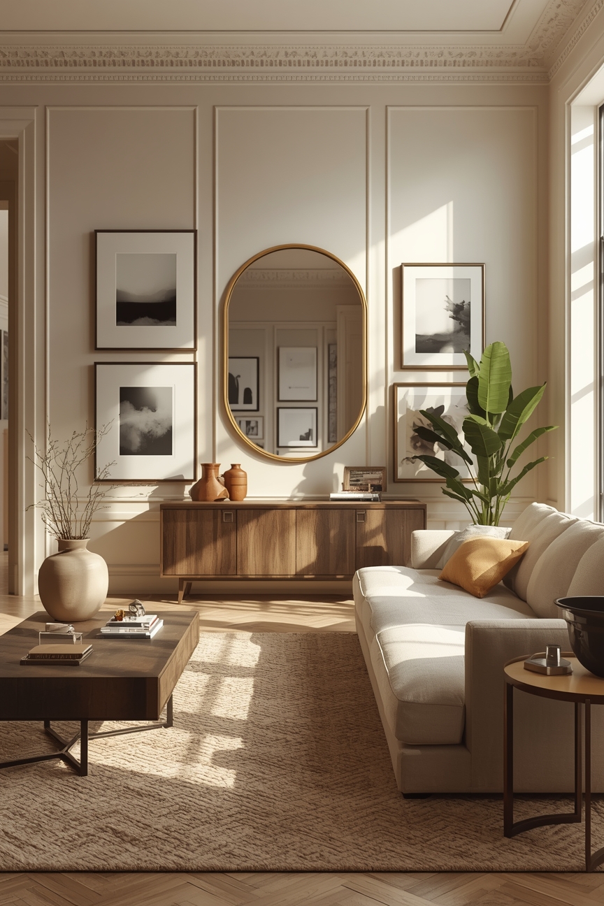 Helle Wohnzimmer-Galerie mit großen Bildern