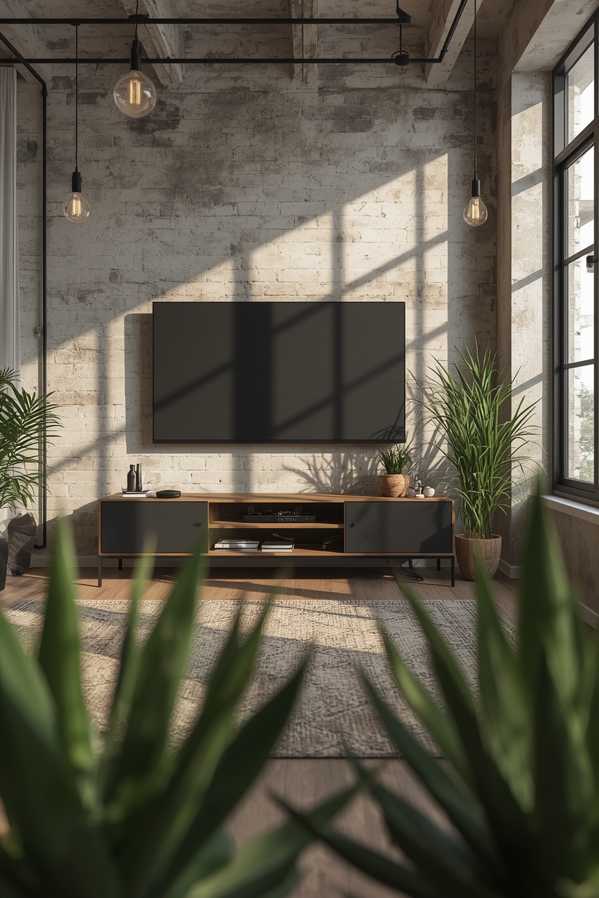 Helles Wohnzimmer mit industrieller TV-Wand und schwarzem TV