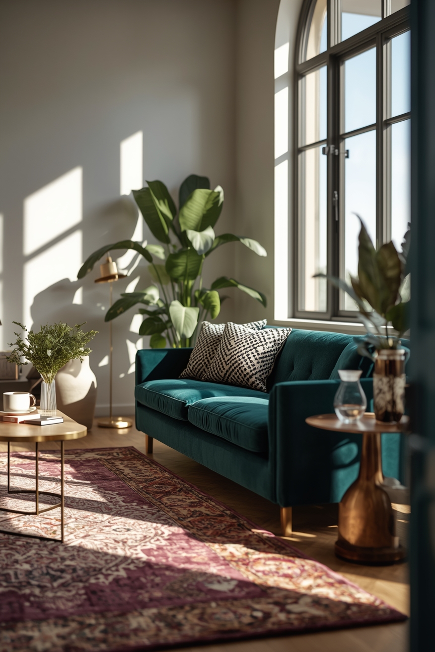Luxuriöses Wohnzimmer mit Samtsofa und Teppich