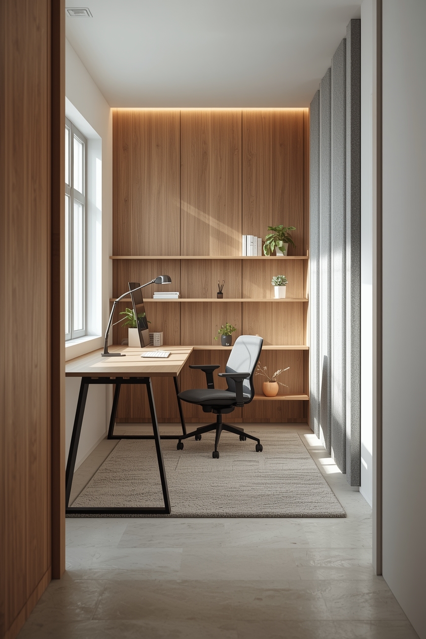 Modernes Arbeitszimmer mit Akustikpaneelen, schlanker Tisch