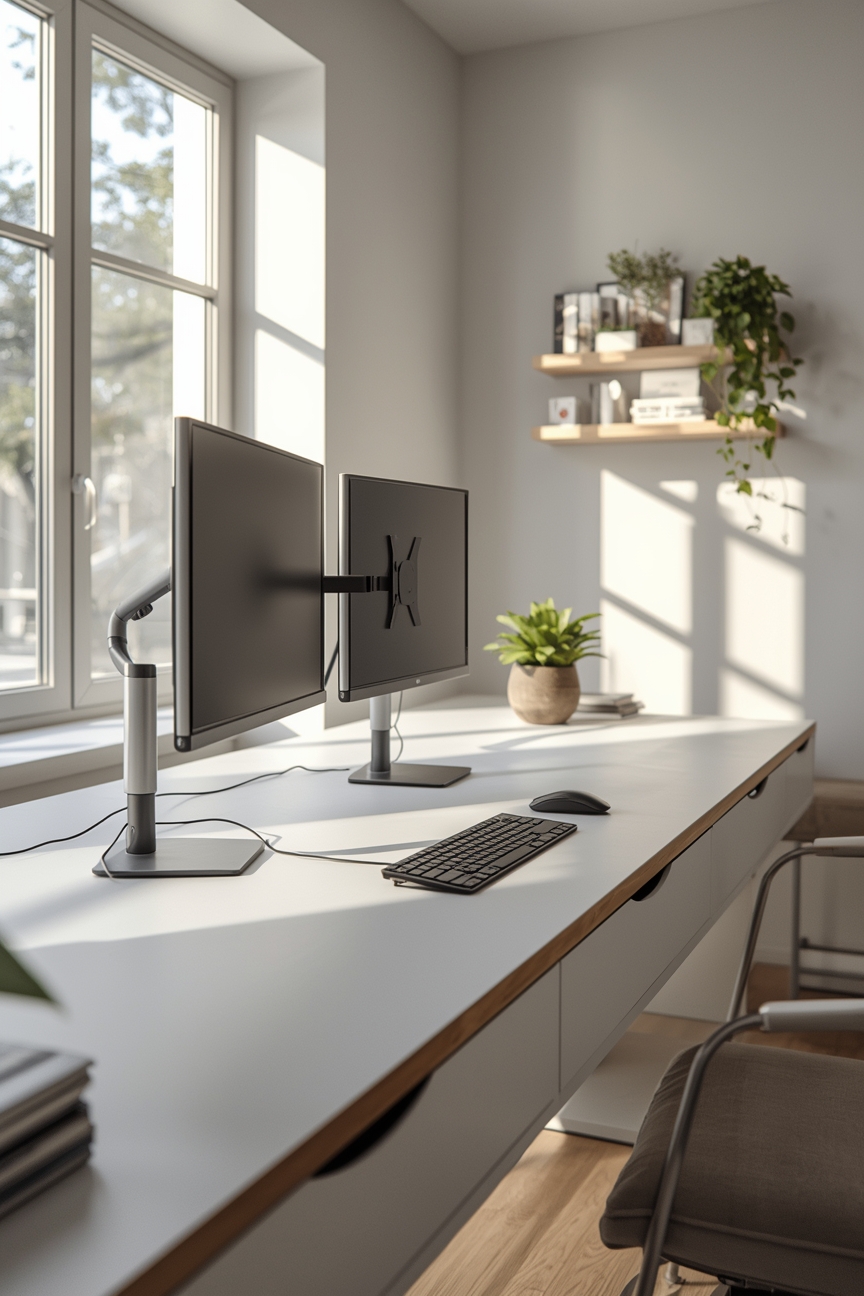Helles modernes Arbeitszimmer mit dualen Monitorarmen