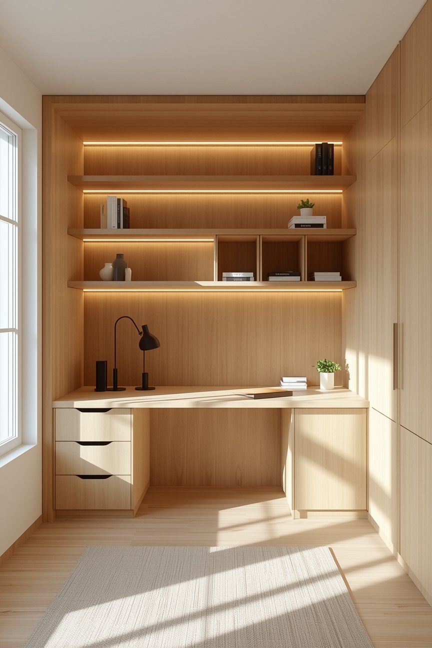 Modernes Arbeitszimmer mit Einbauregal und Arbeitsnische