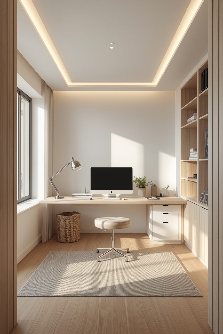 Minimalistisches Arbeitszimmer mit flächenbündiger Beleuchtung