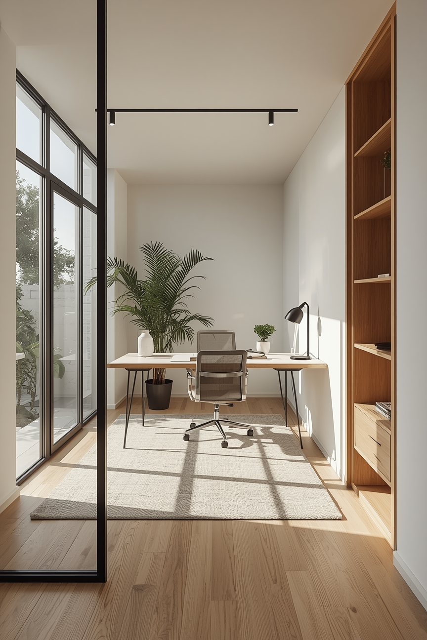 Helles Arbeitszimmer mit Glasraumteiler und reduziertem Tisch