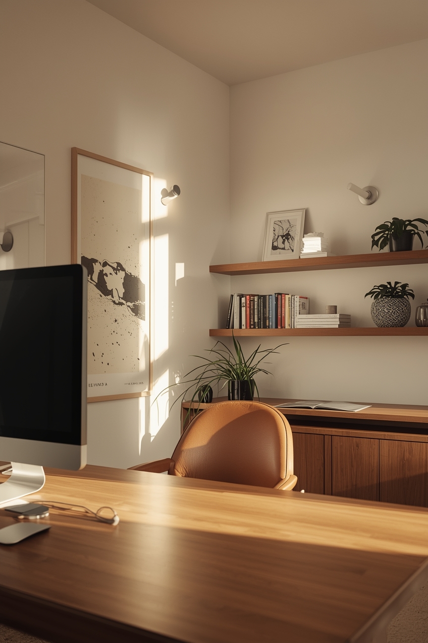 Helles Home-Office mit Leuchten an Gegenwänden