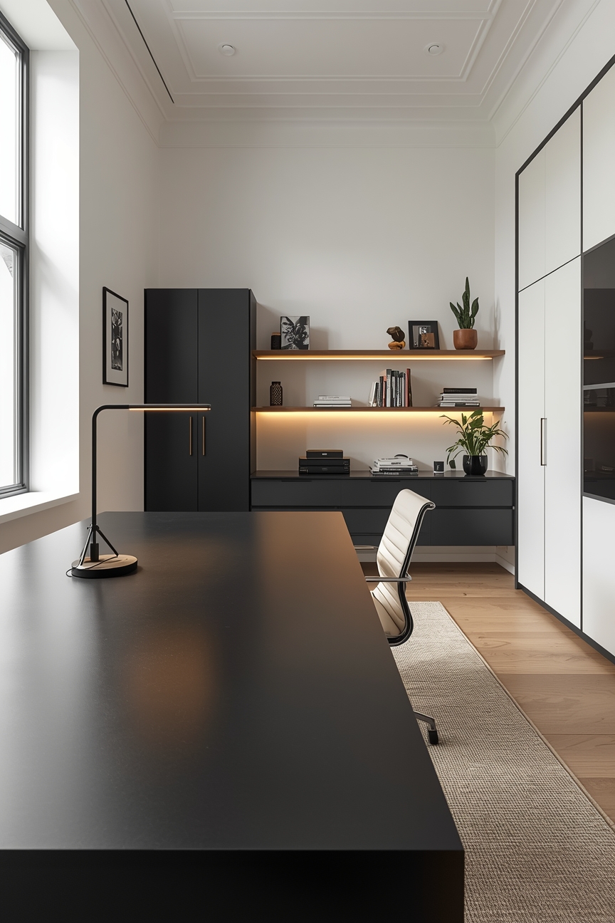 Modernes Arbeitszimmer mit mattschwarzem Schreibtisch