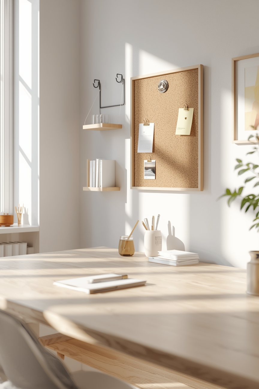 Helles Arbeitszimmer mit minimalistischer Pinnwand