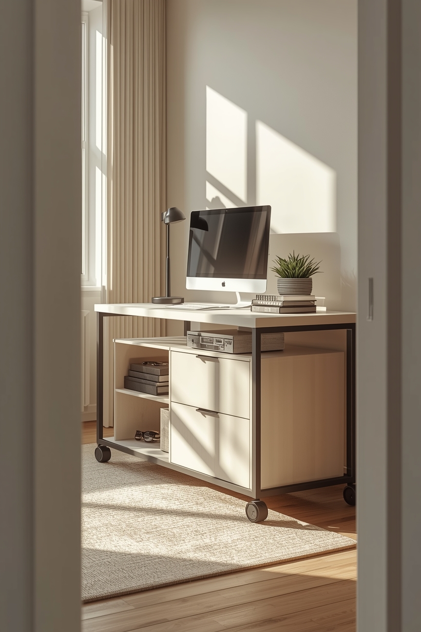 Minimalistisches Arbeitszimmer mit mobilem Rollcontainer