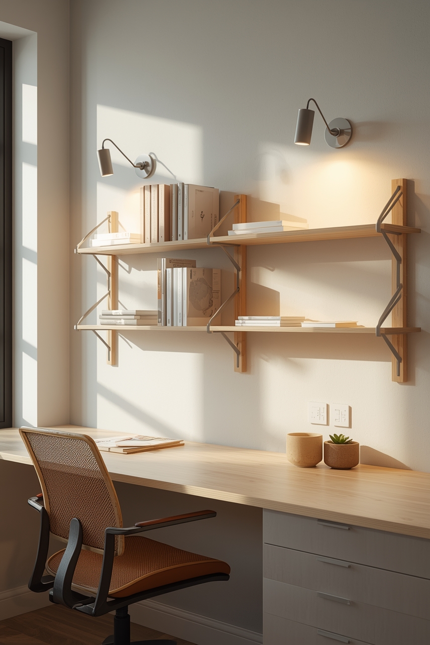 Helles Arbeitszimmer mit Wandlampen und Regal
