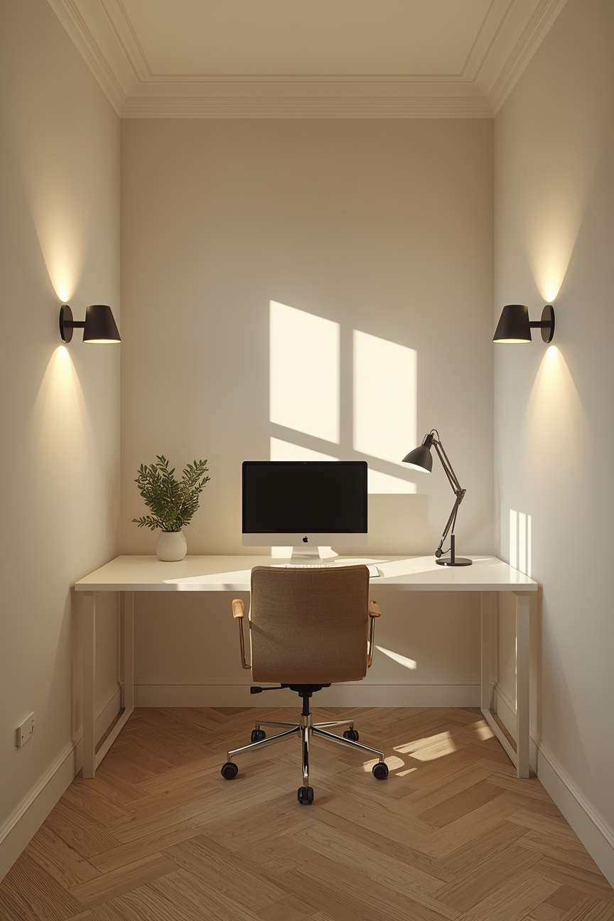 Helles Arbeitszimmer mit Wandleuchten gegenueber