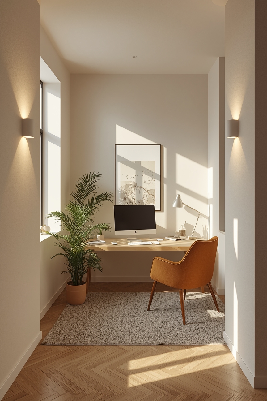 Arbeitszimmer mit warm- und kaltbeleuchtung an Wänden