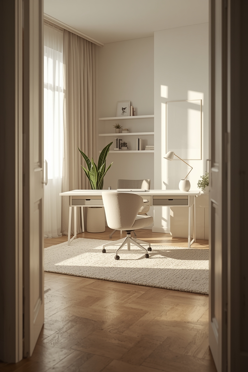 Helles, minimalistisches Arbeitszimmer mit Pflanzen