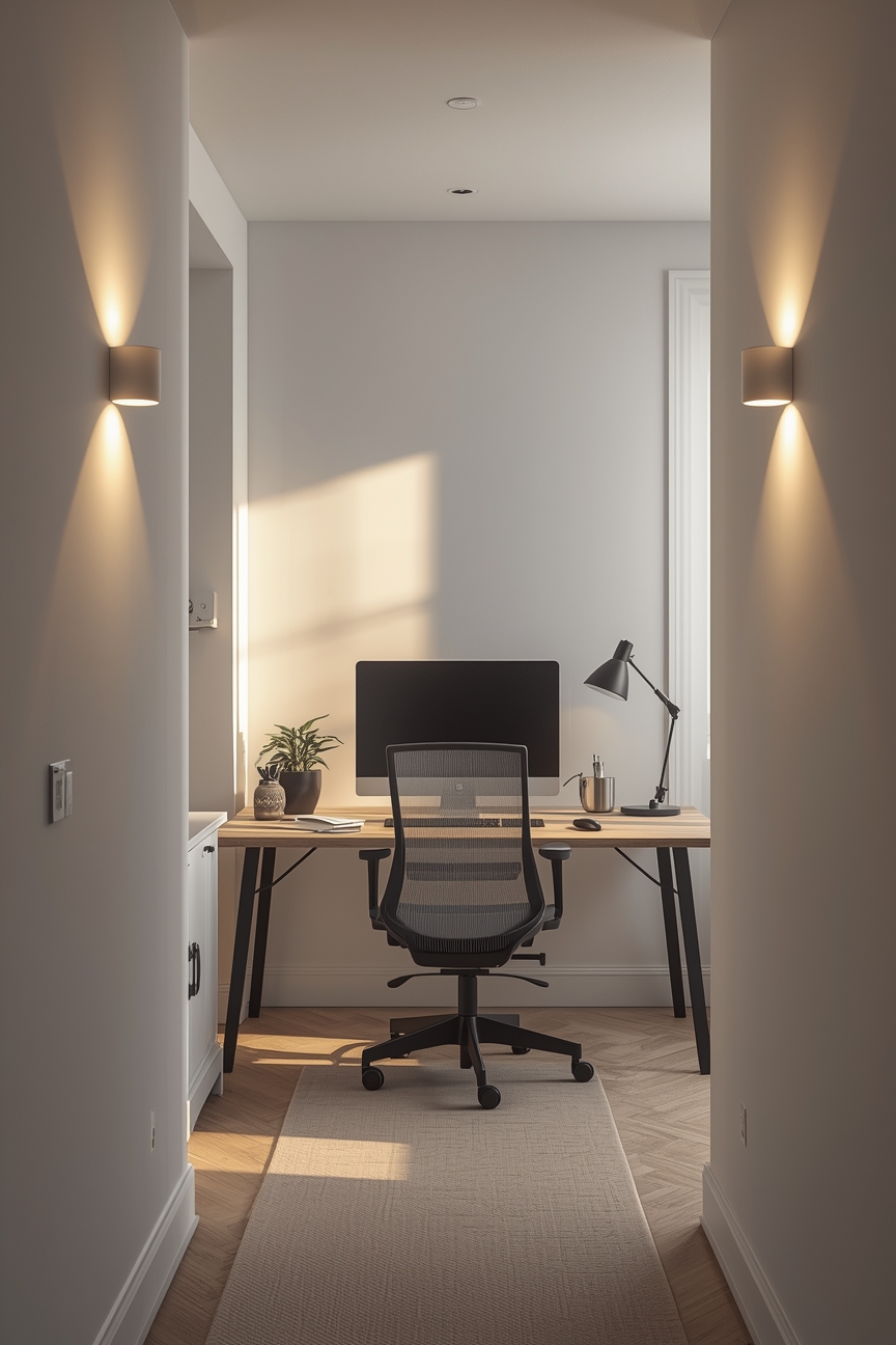 Helles Arbeitszimmer mit Bewegungsmelder-Leuchten an Wänden