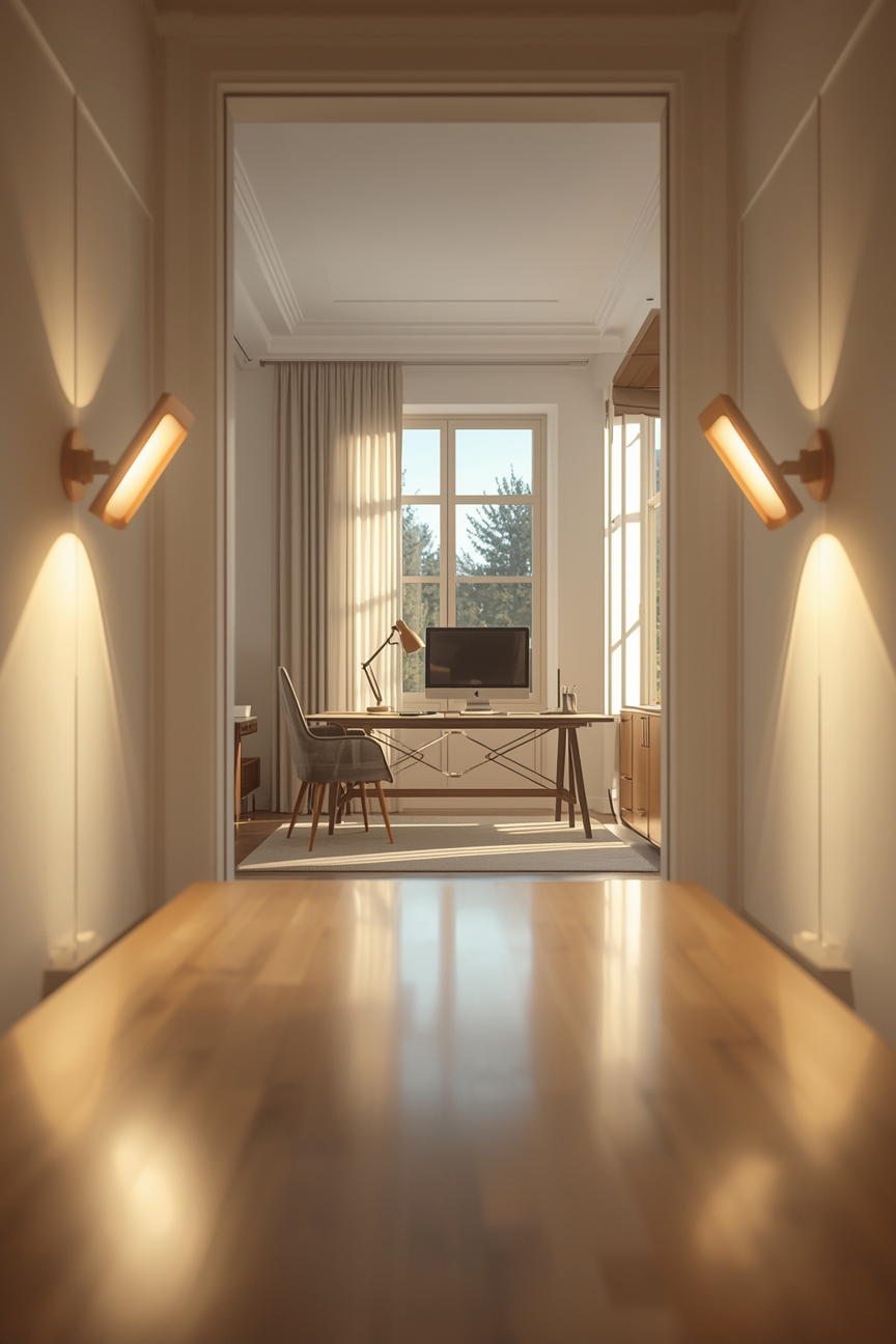 Helles Home-Office mit dimmbaren Wandlampen