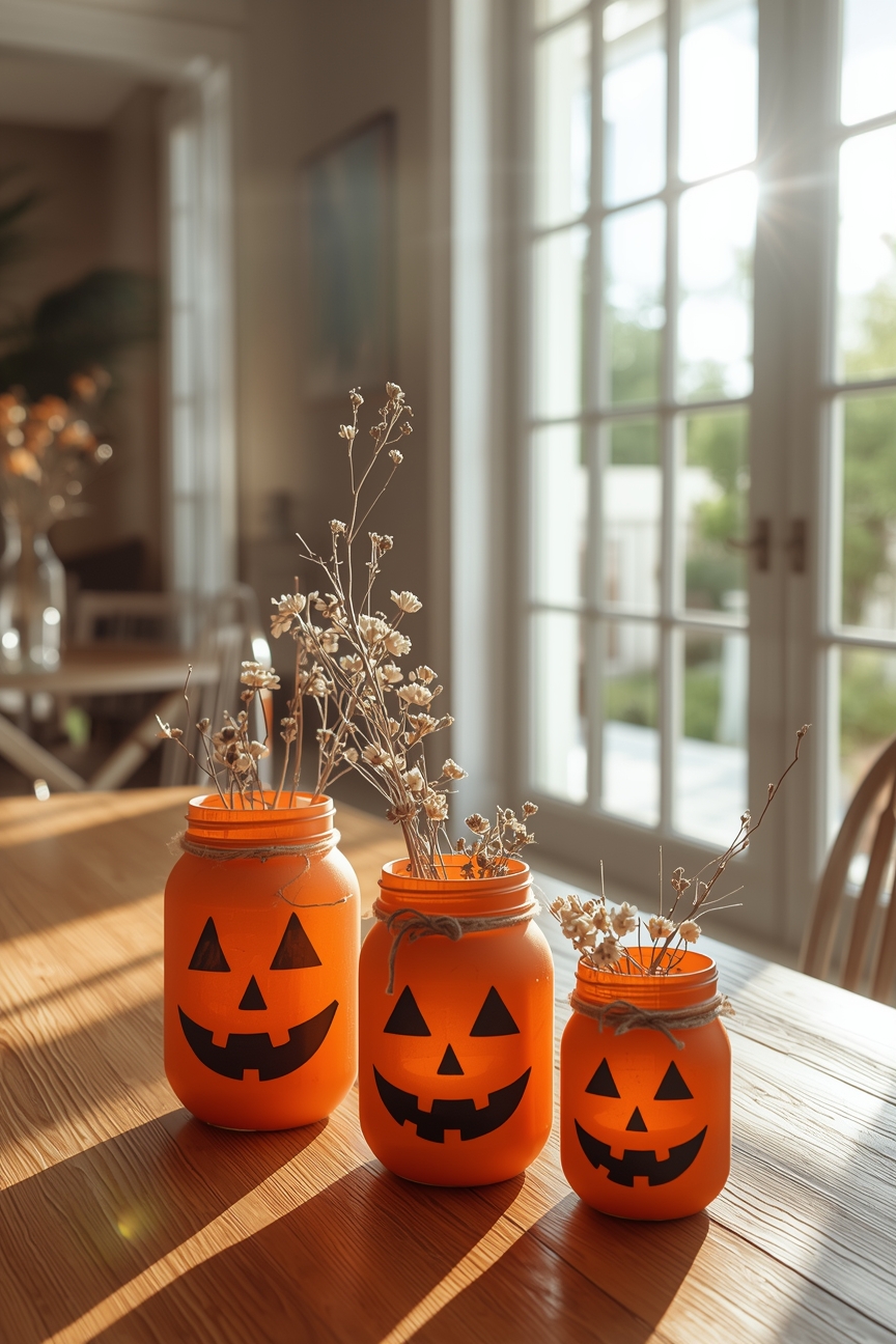 Einmachglas-Kürbis-Laternen auf sonnigem Tisch