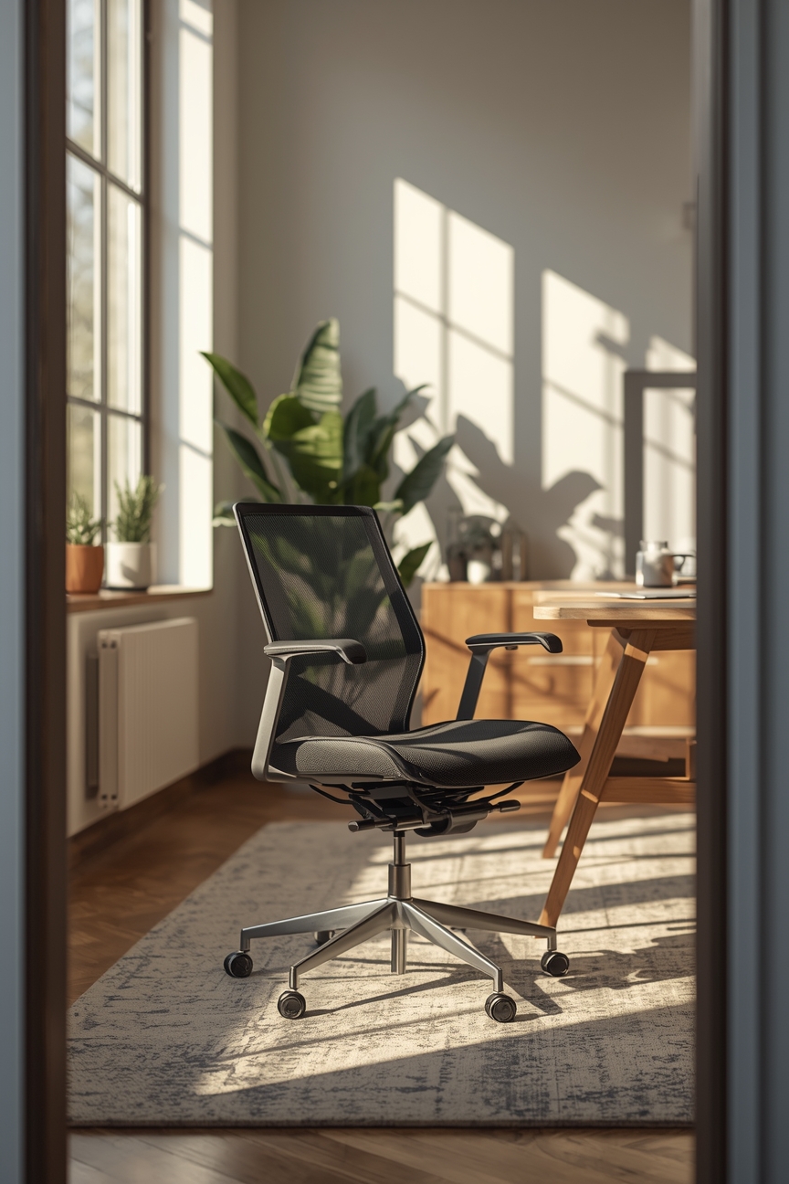 Ergonomischer Bürodrehstuhl im hellen Arbeitszimmer