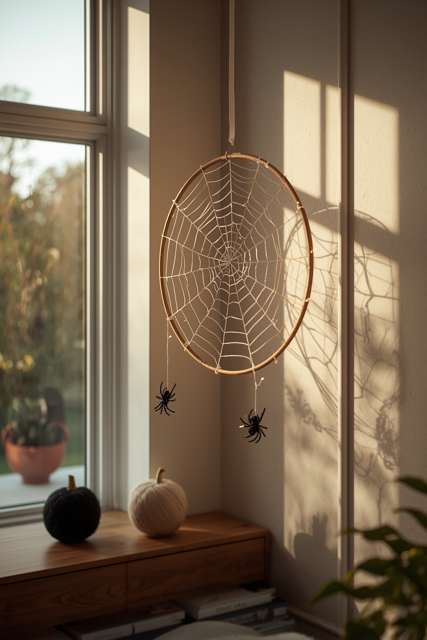 Lichterketten-Spinnennetz aus Wolle am Fenster