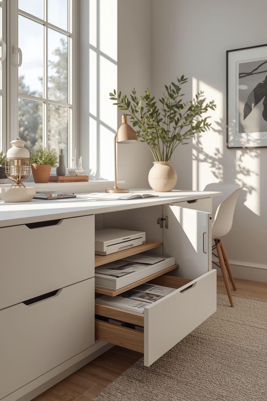 Arbeitszimmer mit Lowboard und verstecktem Druckerfach